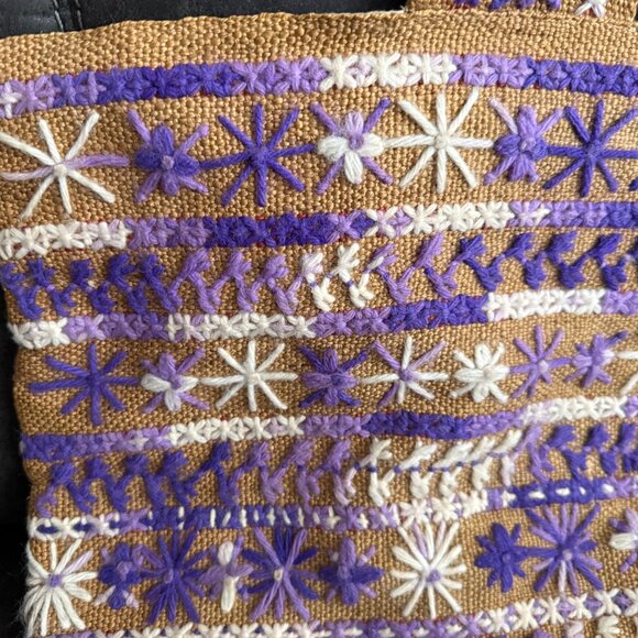 Handcrafted Vintage Tote Bag With Purple & White Embroidery - Picture 3 of 6